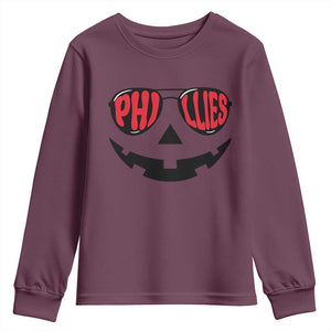Halloween Phillies Youth Sweatshirt Philadelphia Baseball Red October Jackolantern Pumpkin Face TS10 Maroon Print Your Wear