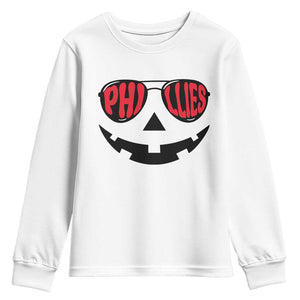 Halloween Phillies Youth Sweatshirt Philadelphia Baseball Red October Jackolantern Pumpkin Face TS10 White Print Your Wear