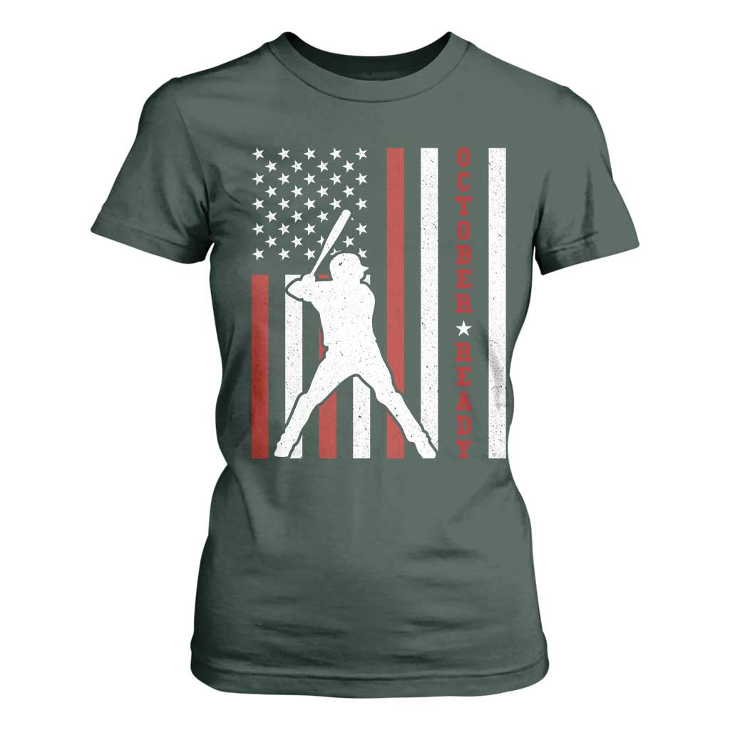 October Ready T Shirt For Women Cool Distressed Philadelphia Baseball Fan US Flag TS10 Dark Forest Green Print Your Wear