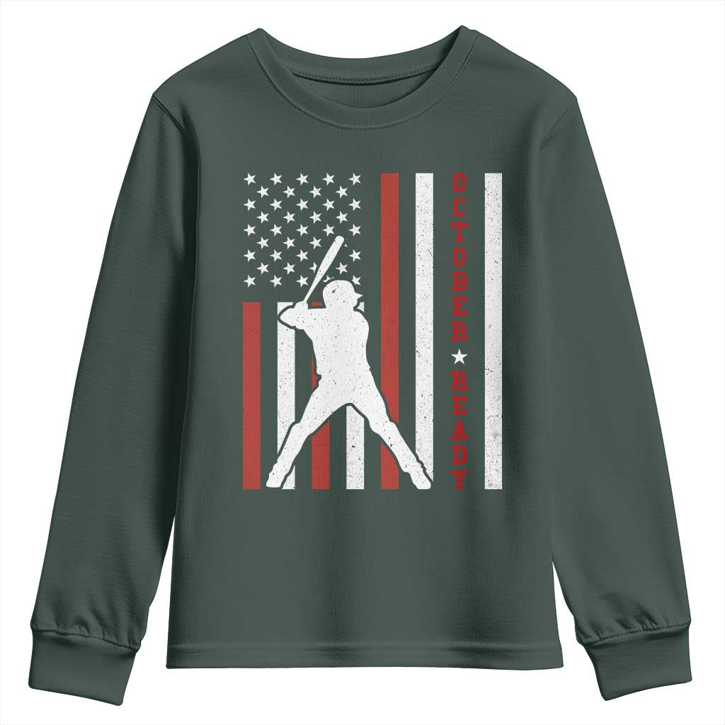 October Ready Youth Sweatshirt Cool Distressed Philadelphia Baseball Fan US Flag TS10 Dark Forest Green Print Your Wear