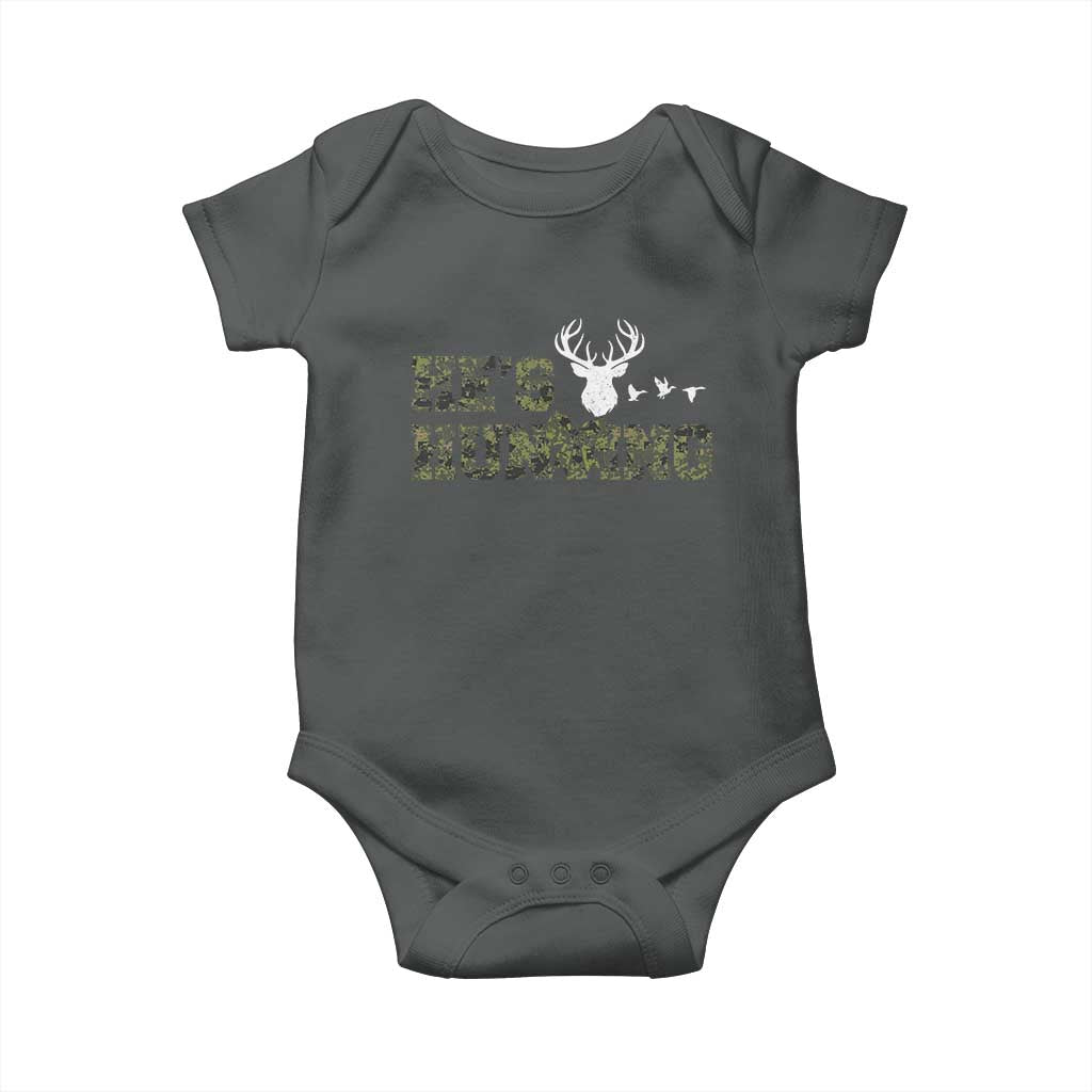 He Is Hunting Baby Onesie Camo Deer Hunters Girlfriend Wife Hunting Season TS10 Dark Heather Print Your Wear