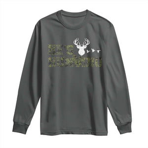 He Is Hunting Long Sleeve Shirt Camo Deer Hunters Girlfriend Wife Hunting Season TS10 Dark Heather Print Your Wear