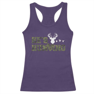 He Is Hunting Racerback Tank Top Camo Deer Hunters Girlfriend Wife Hunting Season TS10 Purple Print Your Wear