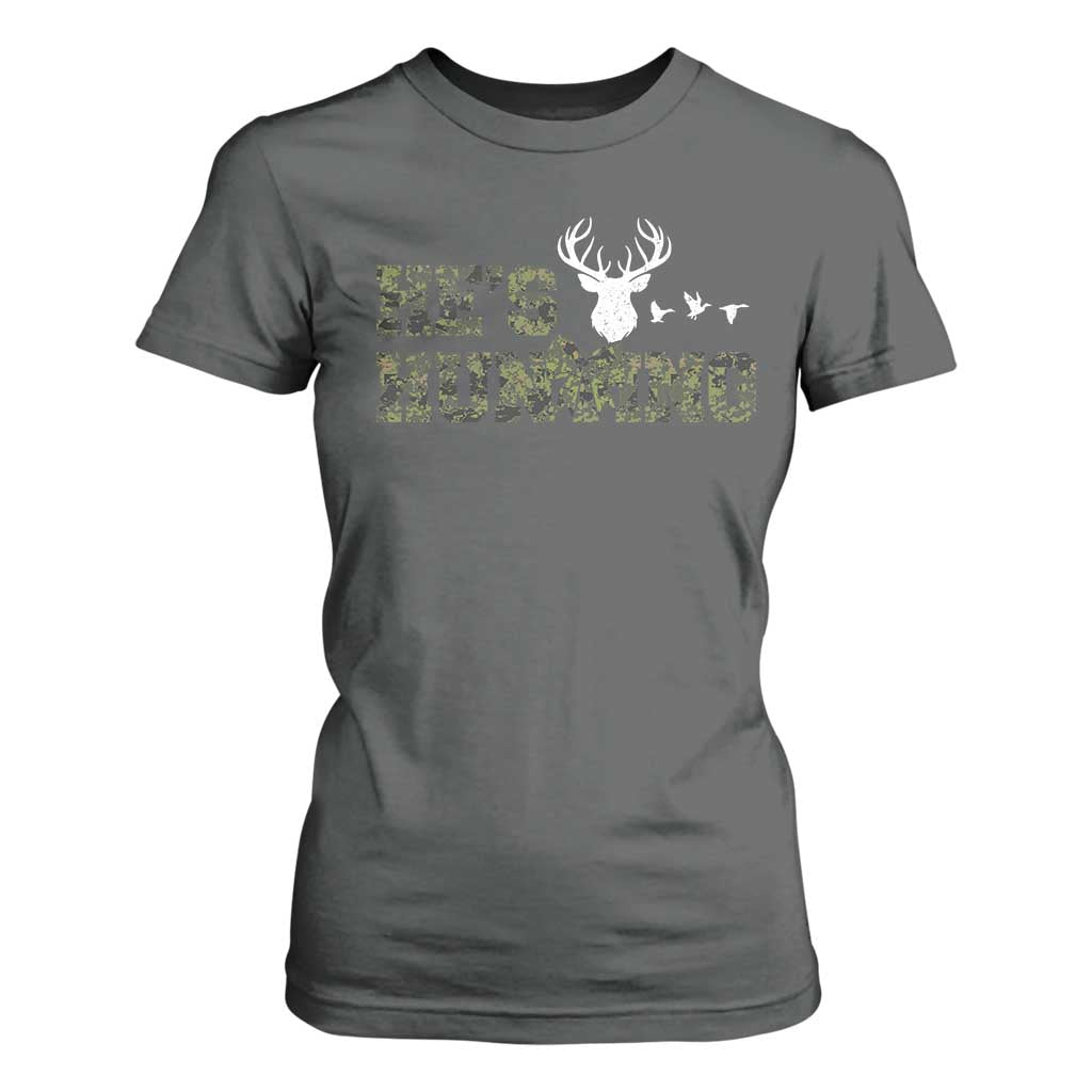 He Is Hunting T Shirt For Women Camo Deer Hunters Girlfriend Wife Hunting Season TS10 Dark Heather Print Your Wear
