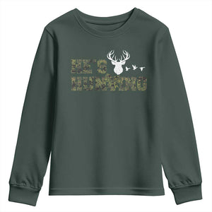 He Is Hunting Youth Sweatshirt Camo Deer Hunters Girlfriend Wife Hunting Season TS10 Dark Forest Green Print Your Wear