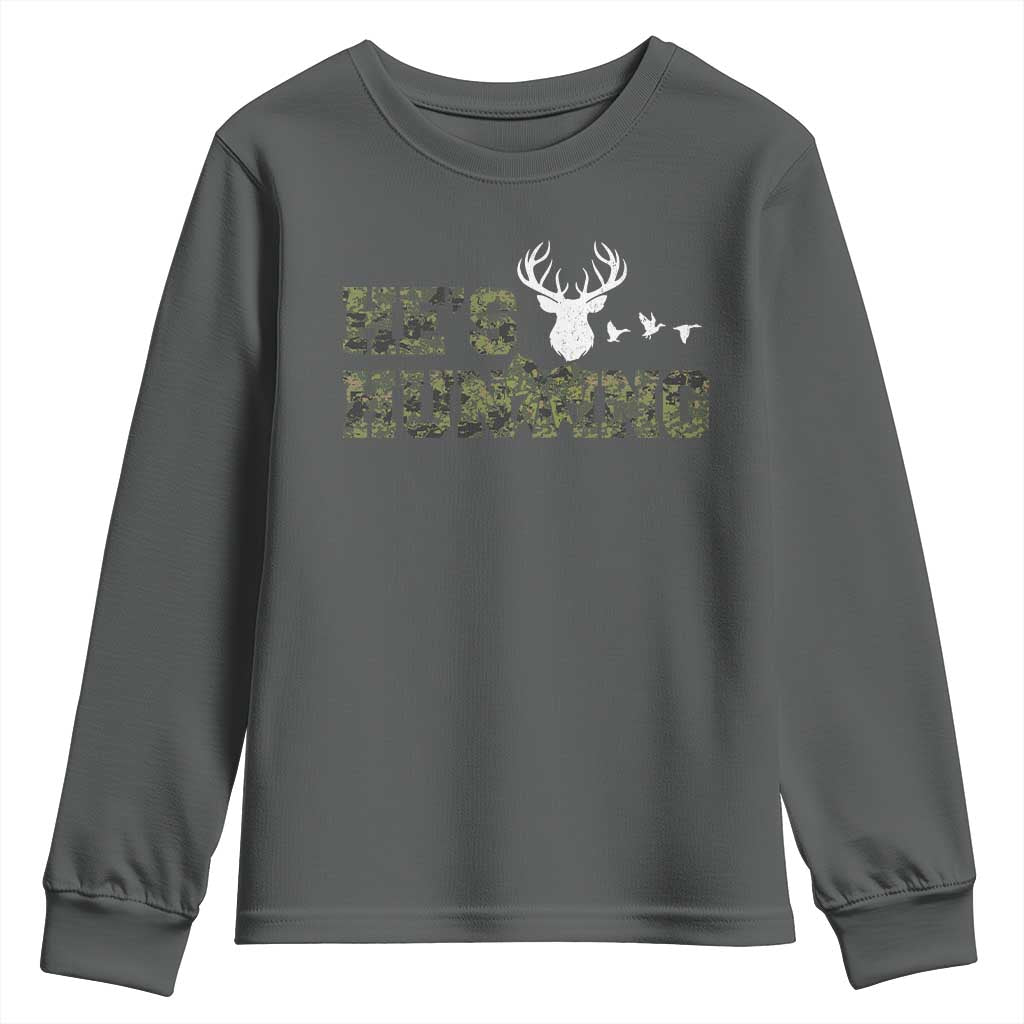 He Is Hunting Youth Sweatshirt Camo Deer Hunters Girlfriend Wife Hunting Season TS10 Dark Heather Print Your Wear
