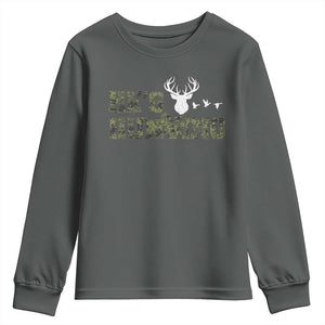 He Is Hunting Youth Sweatshirt Camo Deer Hunters Girlfriend Wife Hunting Season TS10 Dark Heather Print Your Wear