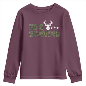 He Is Hunting Youth Sweatshirt Camo Deer Hunters Girlfriend Wife Hunting Season TS10 Maroon Print Your Wear