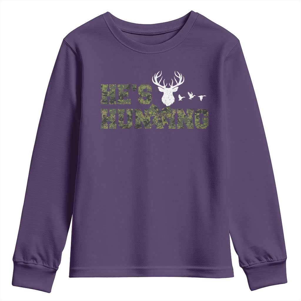 He Is Hunting Youth Sweatshirt Camo Deer Hunters Girlfriend Wife Hunting Season TS10 Purple Print Your Wear