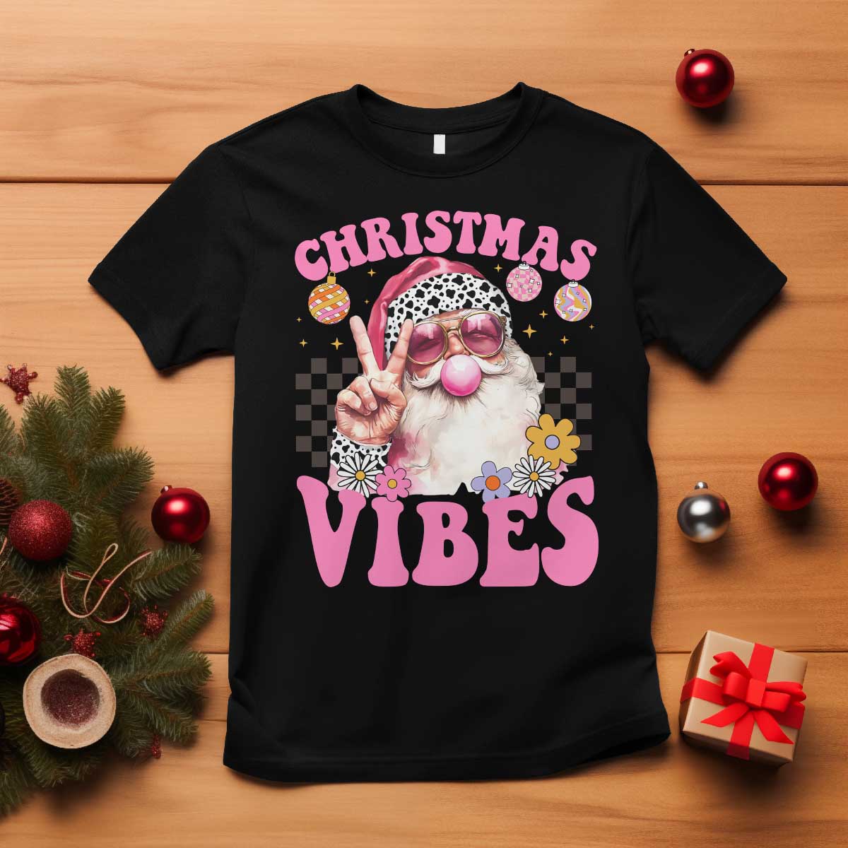 Retro Christmas Santa T Shirt Pink Xmas Vibes Groovy Santa Claus Womens Kids Girls Gifts TS10 Black Print Your Wear