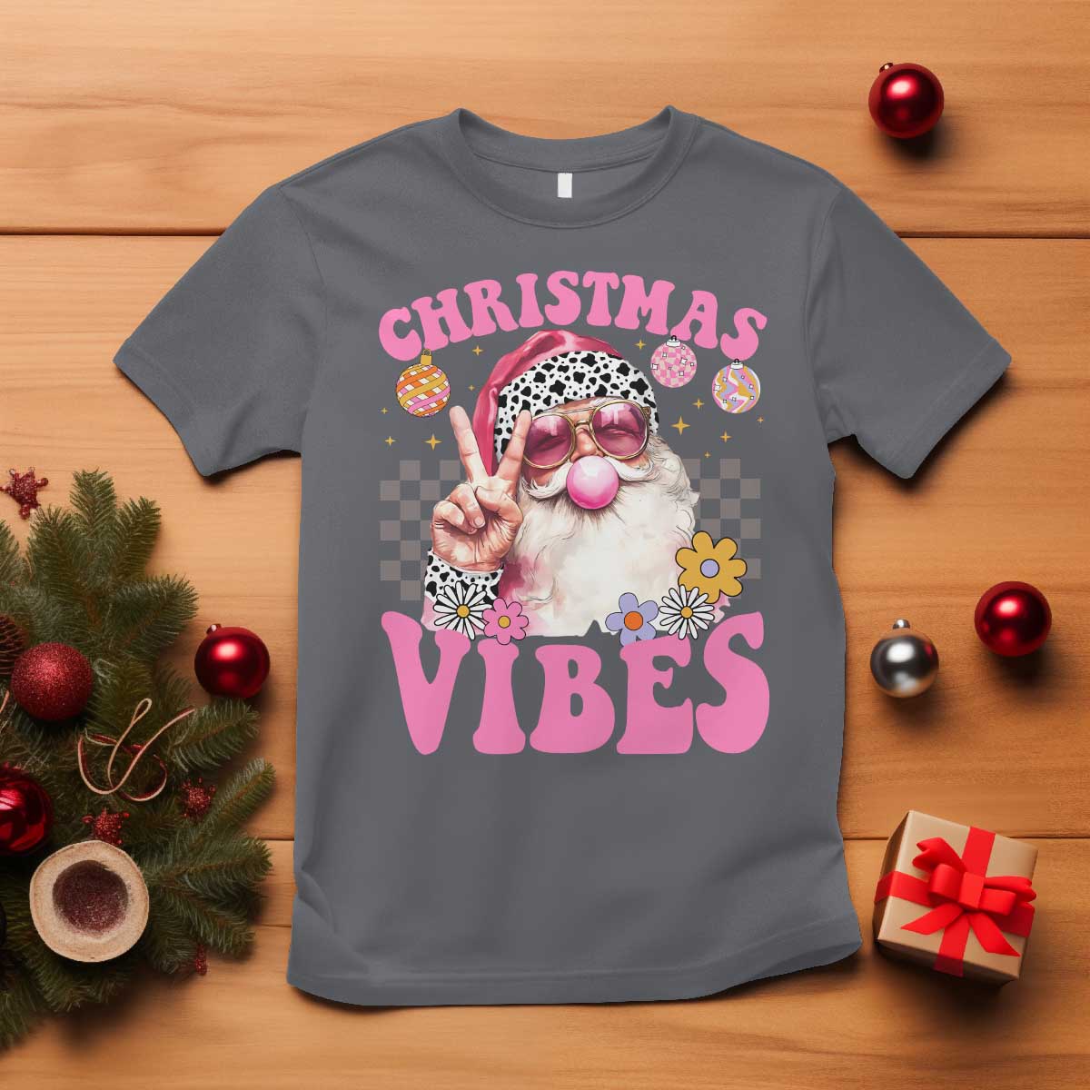 Retro Christmas Santa T Shirt Pink Xmas Vibes Groovy Santa Claus Womens Kids Girls Gifts TS10 Charcoal Print Your Wear