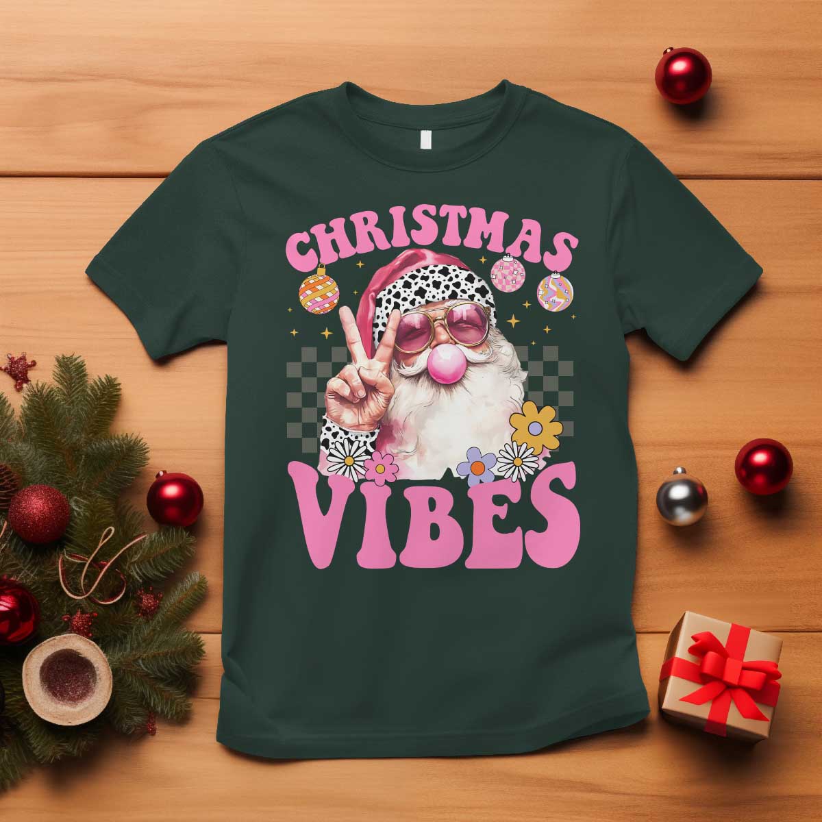 Retro Christmas Santa T Shirt Pink Xmas Vibes Groovy Santa Claus Womens Kids Girls Gifts TS10 Dark Forest Green Print Your Wear