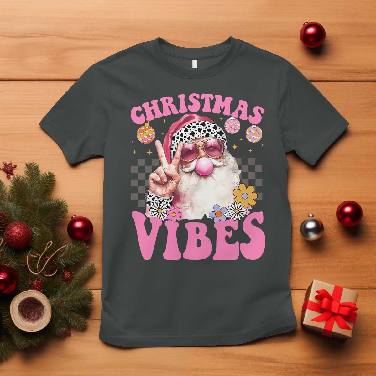 Retro Christmas Santa T Shirt Pink Xmas Vibes Groovy Santa Claus Womens Kids Girls Gifts TS10 Dark Heather Print Your Wear