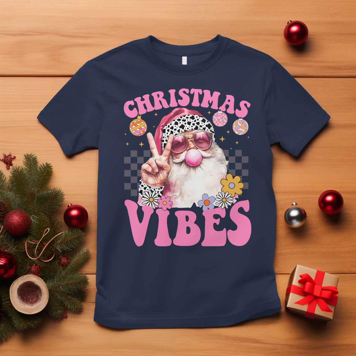 Retro Christmas Santa T Shirt Pink Xmas Vibes Groovy Santa Claus Womens Kids Girls Gifts TS10 Navy Print Your Wear