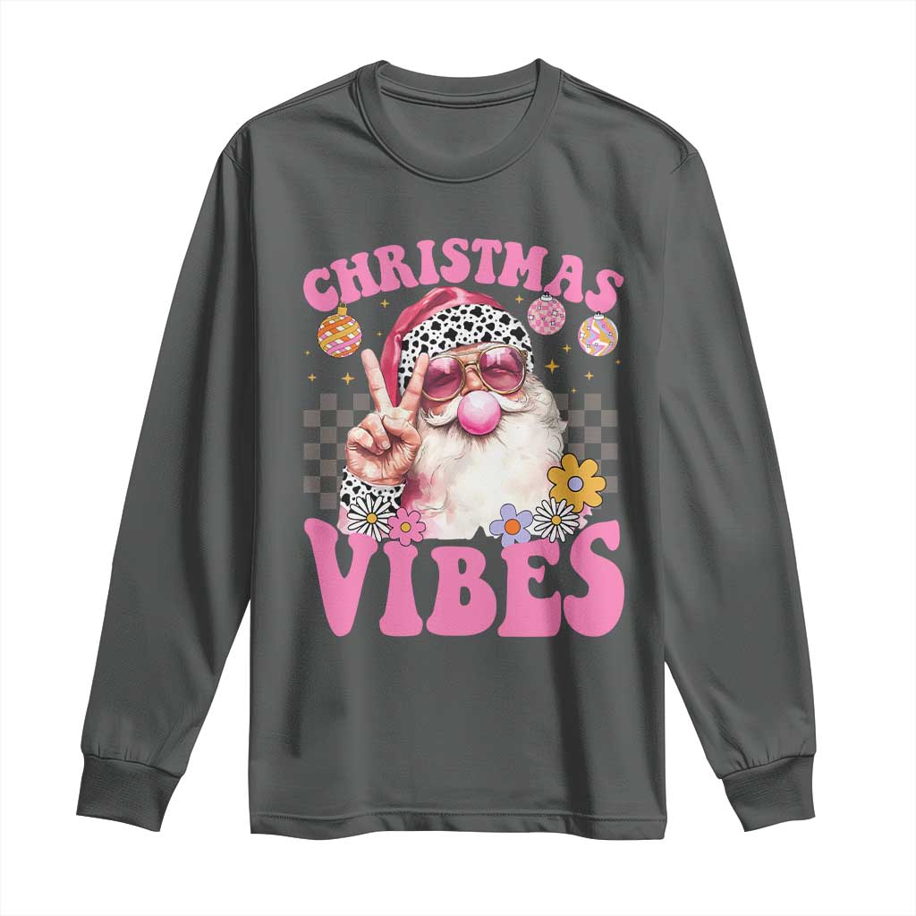 Retro Christmas Santa Long Sleeve Shirt Pink Xmas Vibes Groovy Santa Claus Womens Kids Girls Gifts TS10 Dark Heather Print Your Wear