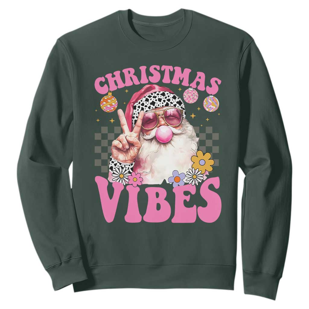 Retro Christmas Santa Sweatshirt Pink Xmas Vibes Groovy Santa Claus Womens Kids Girls Gifts TS10 Dark Forest Green Print Your Wear