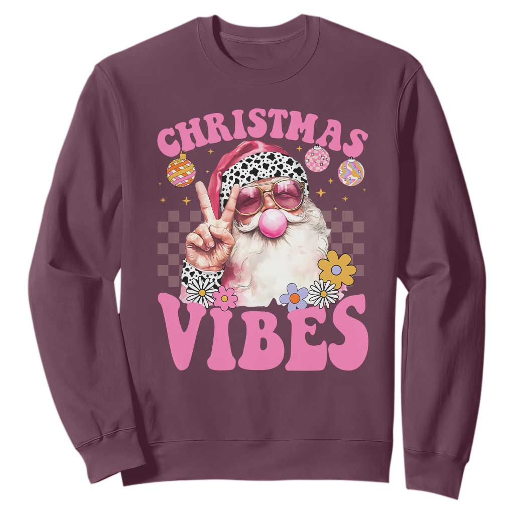 Retro Christmas Santa Sweatshirt Pink Xmas Vibes Groovy Santa Claus Womens Kids Girls Gifts TS10 Maroon Print Your Wear