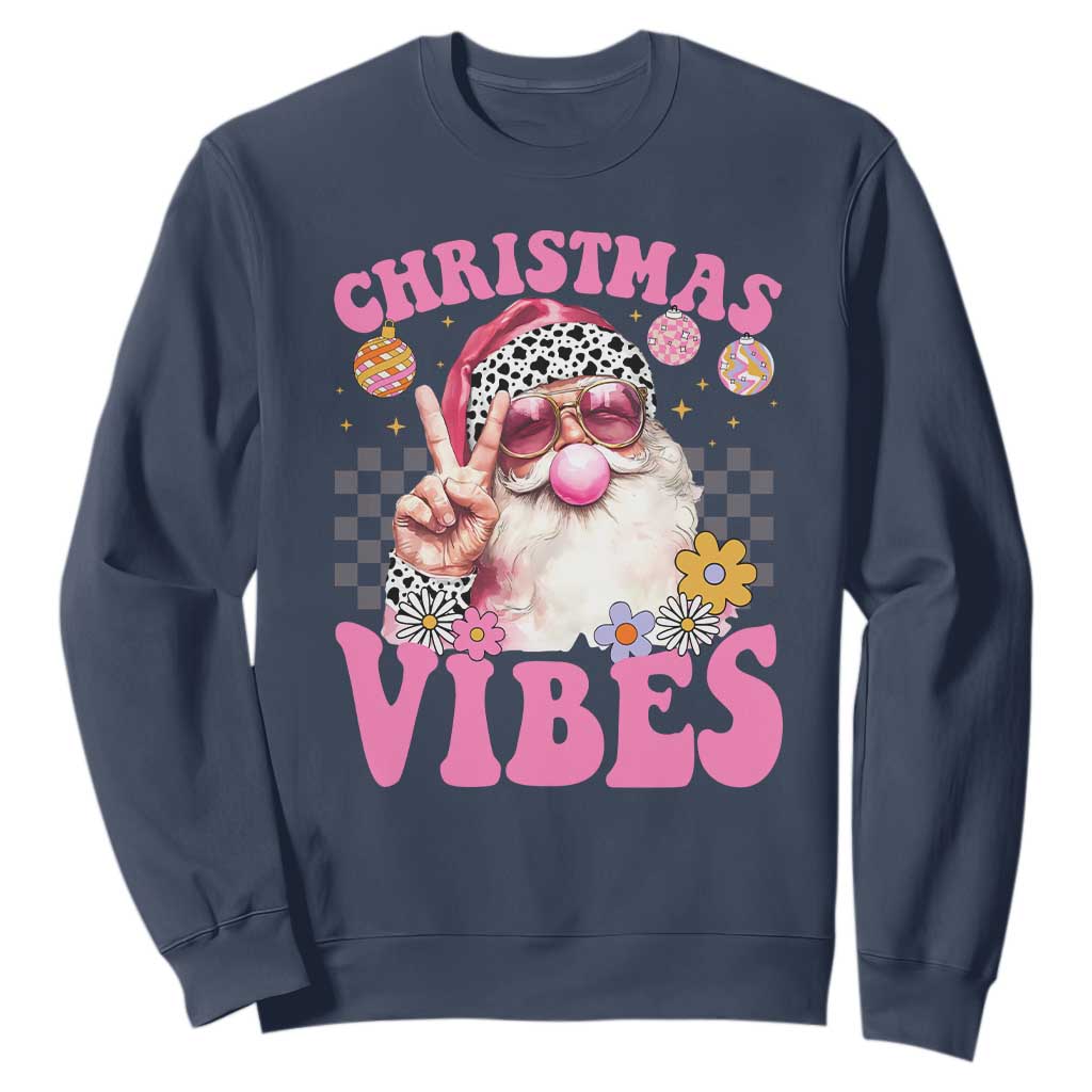 Retro Christmas Santa Sweatshirt Pink Xmas Vibes Groovy Santa Claus Womens Kids Girls Gifts TS10 Navy Print Your Wear