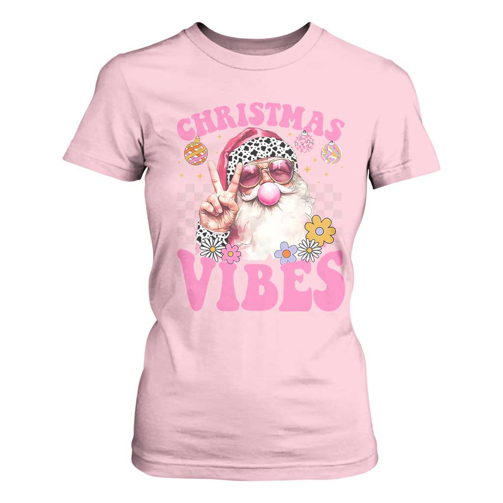 Retro Christmas Santa T Shirt For Women Pink Xmas Vibes Groovy Santa Claus Womens Kids Girls Gifts TS10 Light Pink Print Your Wear