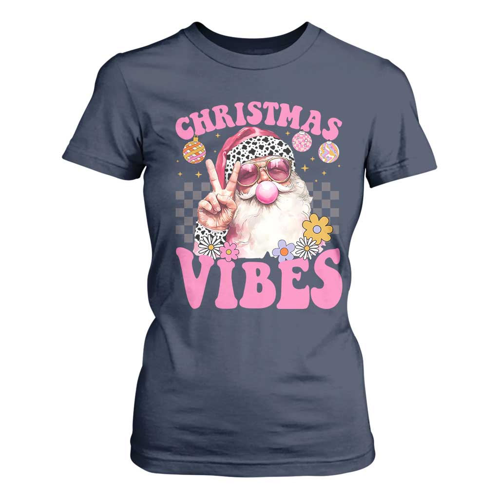 Retro Christmas Santa T Shirt For Women Pink Xmas Vibes Groovy Santa Claus Womens Kids Girls Gifts TS10 Navy Print Your Wear