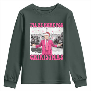 Funny Trump 2024 Youth Sweatshirt Pink Trump I'll Be Home for Christmas Santa Republican Xmas Gift TS10 Dark Forest Green Print Your Wear