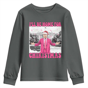 Funny Trump 2024 Youth Sweatshirt Pink Trump I'll Be Home for Christmas Santa Republican Xmas Gift TS10 Dark Heather Print Your Wear