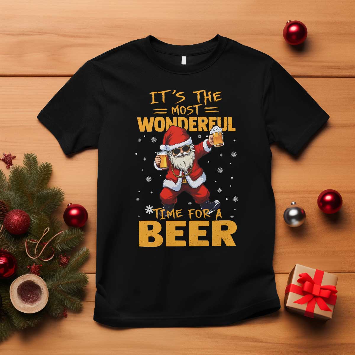 Funny Christmas Santa Claus Drinking Beer Wonderful Time T Shirt TS10 Black Print Your Wear