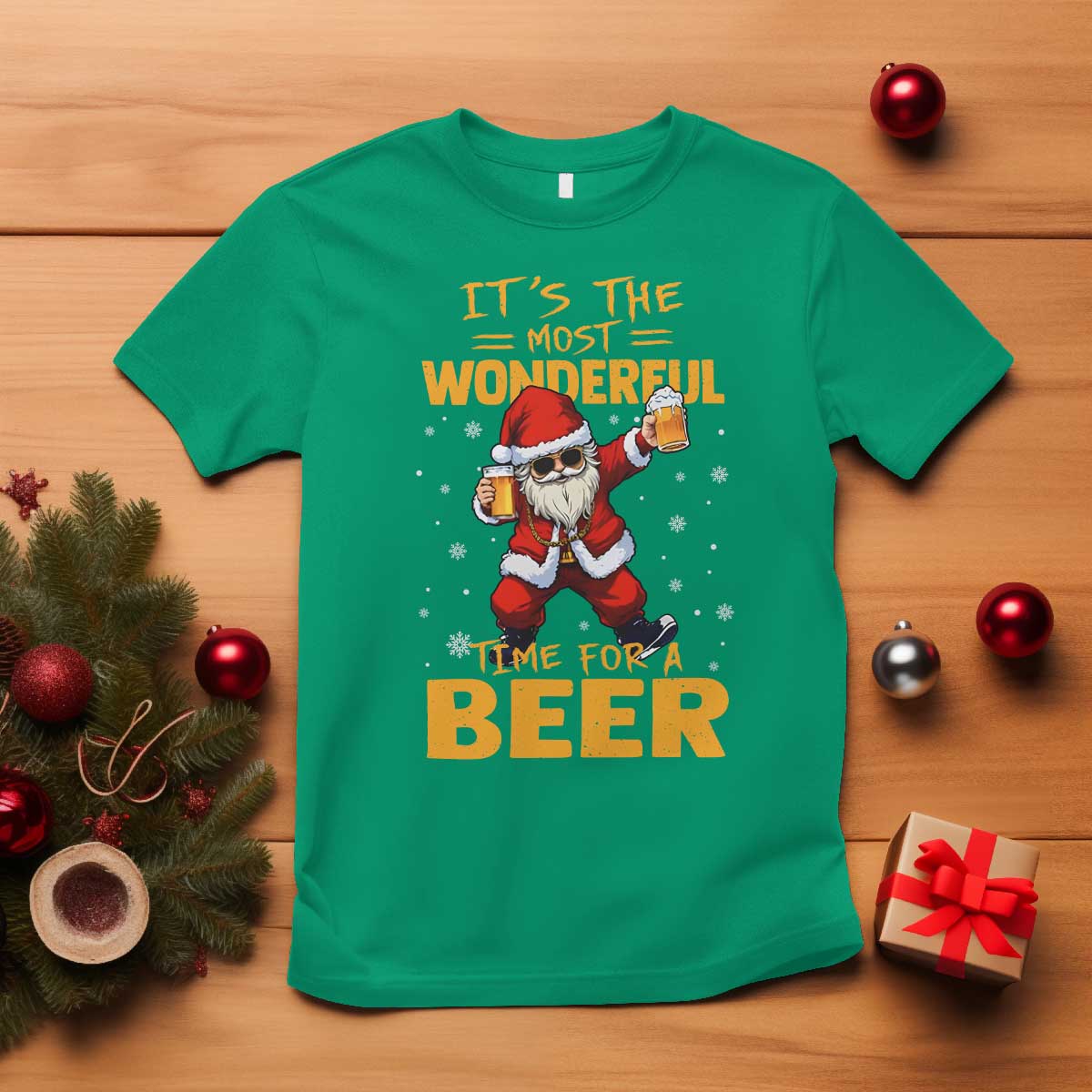 Funny Christmas Santa Claus Drinking Beer Wonderful Time T Shirt TS10 Irish Green Print Your Wear