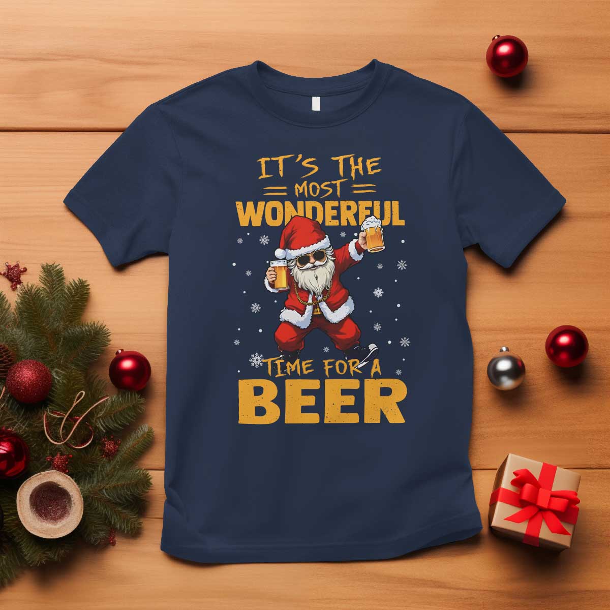 Funny Christmas Santa Claus Drinking Beer Wonderful Time T Shirt TS10 Navy Print Your Wear