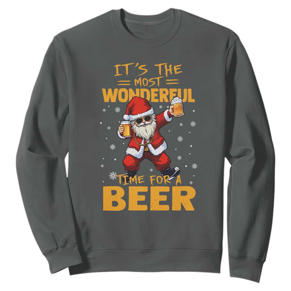 Funny Christmas Santa Claus Drinking Beer Wonderful Time Sweatshirt TS10 Dark Heather Print Your Wear