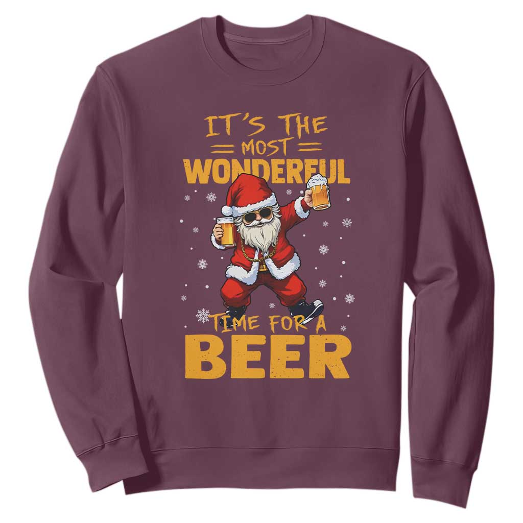 Funny Christmas Santa Claus Drinking Beer Wonderful Time Sweatshirt TS10 Maroon Print Your Wear