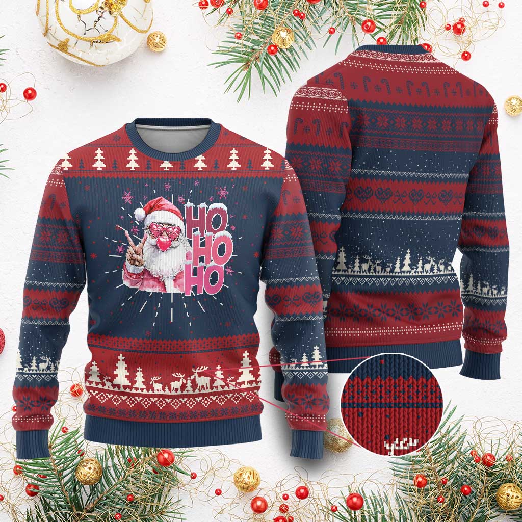 Christmas Couple Matching Knit Sweatshirt Pink Santa Claus Ho Ho Ho - Print Your Wear