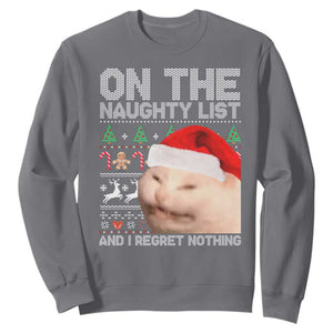 Funny Christmas Cat Sweatshirt On The Naughty List And I Regret Nothing Meme Ugly Xmas TS10 Charcoal Print Your Wear