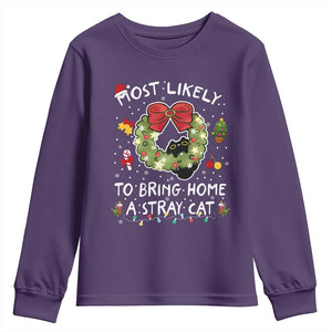 Kitten Christmas Youth Sweatshirt Most Likely To Bring Home A Stray Cat Matching Xmas TS10 Purple Print Your Wear