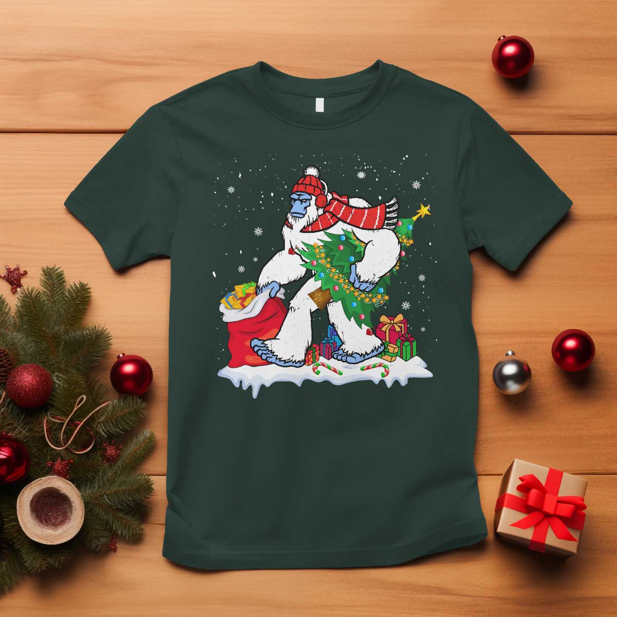 Funny Bigfoot Christmas T Shirt Believe Winter Yeti Santa Hat Sasquatch Loves Xmas Tree Lights TS10 Dark Forest Green Print Your Wear