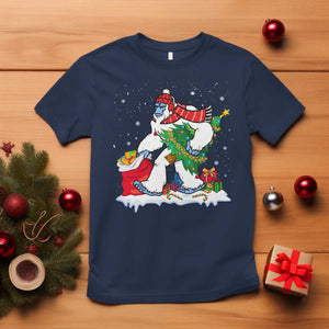 Funny Bigfoot Christmas T Shirt Believe Winter Yeti Santa Hat Sasquatch Loves Xmas Tree Lights TS10 Navy Print Your Wear