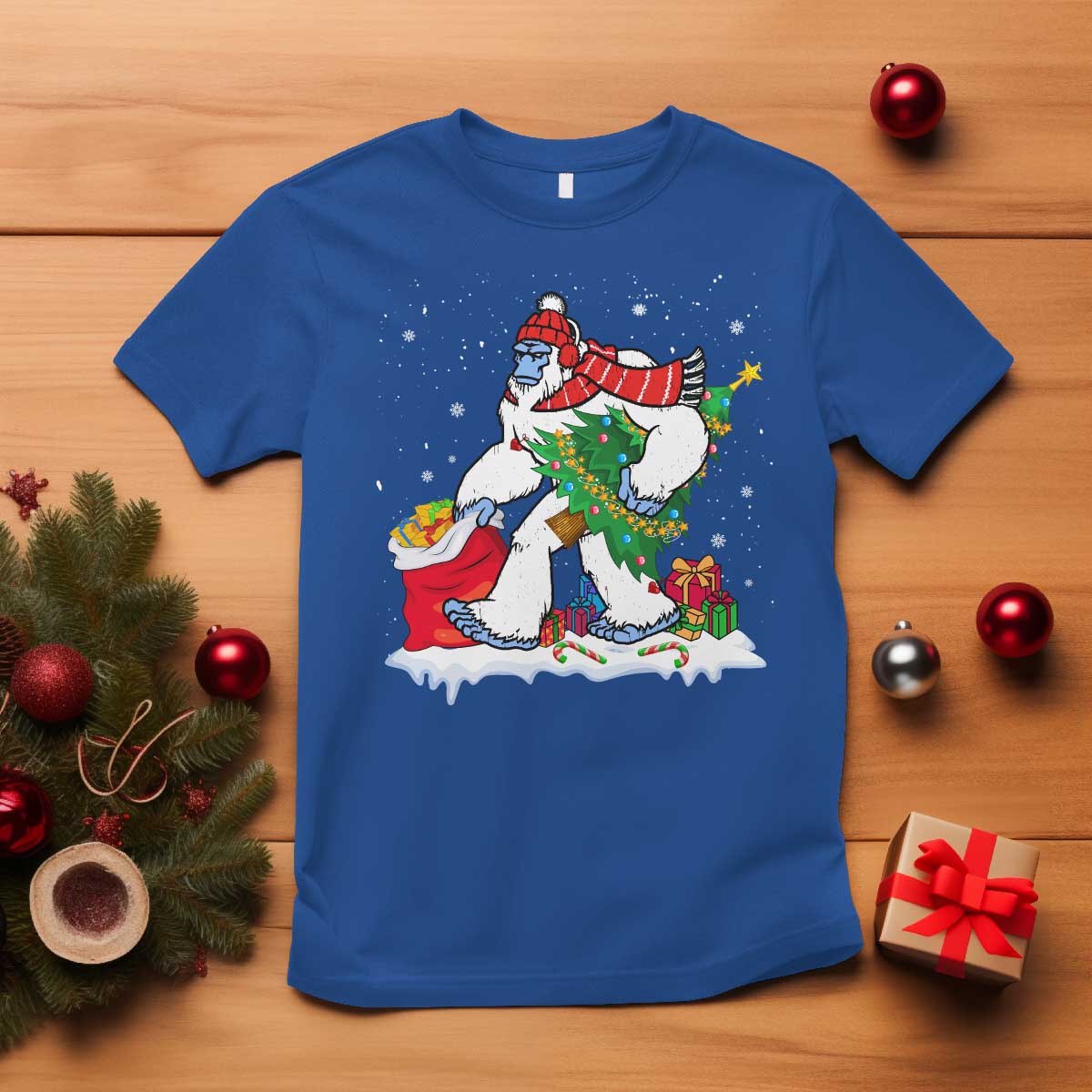 Funny Bigfoot Christmas T Shirt Believe Winter Yeti Santa Hat Sasquatch Loves Xmas Tree Lights TS10 Royal Blue Print Your Wear