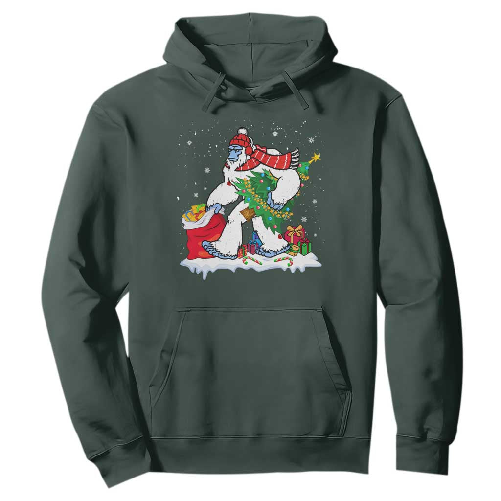Funny Bigfoot Christmas Hoodie Believe Winter Yeti Santa Hat Sasquatch Loves Xmas Tree Lights TS10 Dark Forest Green Print Your Wear