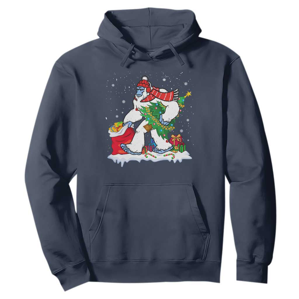 Funny Bigfoot Christmas Hoodie Believe Winter Yeti Santa Hat Sasquatch Loves Xmas Tree Lights TS10 Navy Print Your Wear