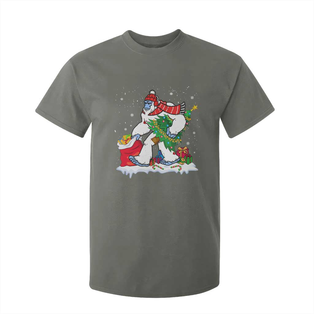 Funny Bigfoot Christmas T Shirt For Kid Believe Winter Yeti Santa Hat Sasquatch Loves Xmas Tree Lights TS10 Military Green Print Your Wear