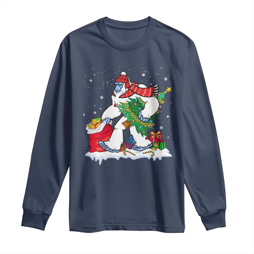 Funny Bigfoot Christmas Long Sleeve Shirt Believe Winter Yeti Santa Hat Sasquatch Loves Xmas Tree Lights TS10 Navy Print Your Wear
