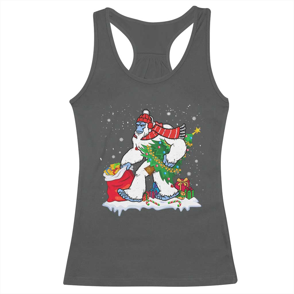 Funny Bigfoot Christmas Racerback Tank Top Believe Winter Yeti Santa Hat Sasquatch Loves Xmas Tree Lights TS10 Dark Heather Print Your Wear