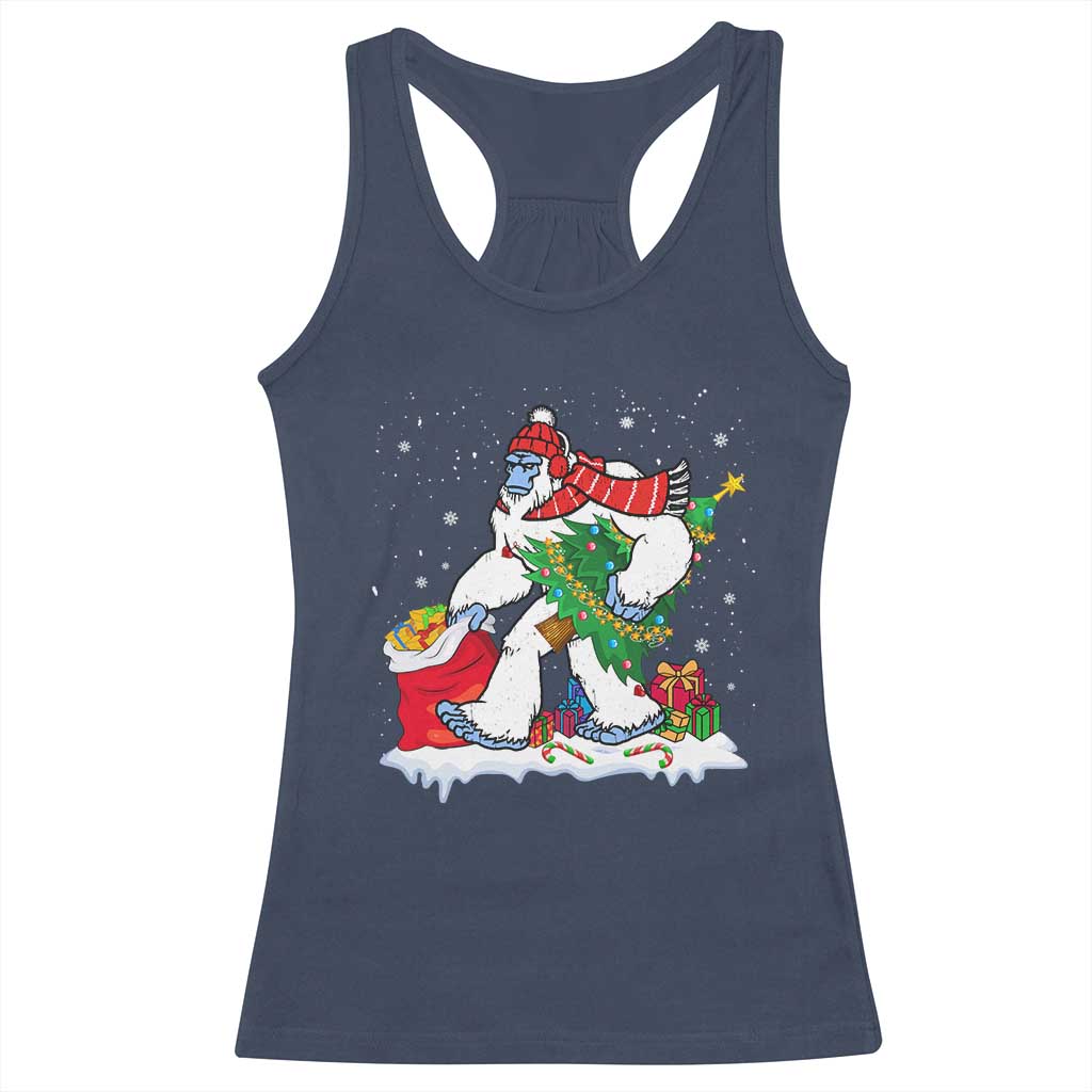 Funny Bigfoot Christmas Racerback Tank Top Believe Winter Yeti Santa Hat Sasquatch Loves Xmas Tree Lights TS10 Navy Print Your Wear