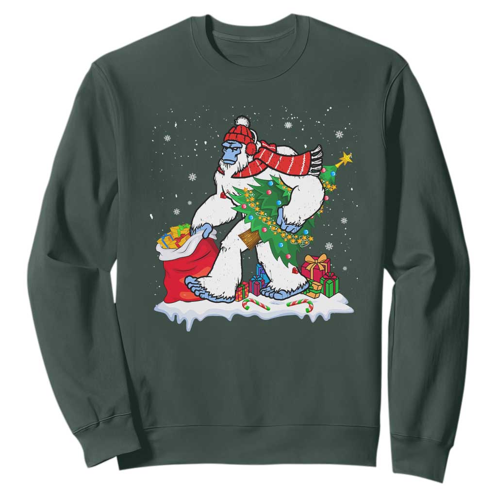 Funny Bigfoot Christmas Sweatshirt Believe Winter Yeti Santa Hat Sasquatch Loves Xmas Tree Lights TS10 Dark Forest Green Print Your Wear
