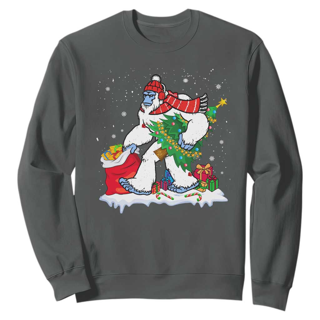 Funny Bigfoot Christmas Sweatshirt Believe Winter Yeti Santa Hat Sasquatch Loves Xmas Tree Lights TS10 Dark Heather Print Your Wear