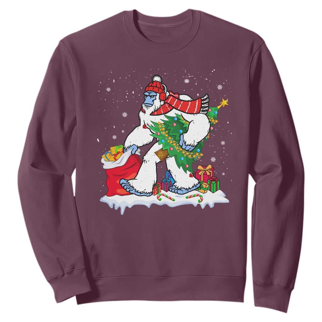 Funny Bigfoot Christmas Sweatshirt Believe Winter Yeti Santa Hat Sasquatch Loves Xmas Tree Lights TS10 Maroon Print Your Wear