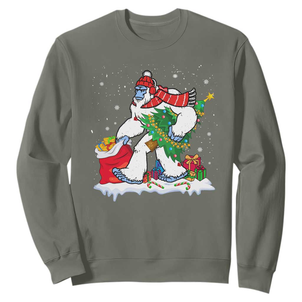 Funny Bigfoot Christmas Sweatshirt Believe Winter Yeti Santa Hat Sasquatch Loves Xmas Tree Lights TS10 Military Green Print Your Wear