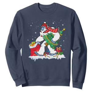 Funny Bigfoot Christmas Sweatshirt Believe Winter Yeti Santa Hat Sasquatch Loves Xmas Tree Lights TS10 Navy Print Your Wear