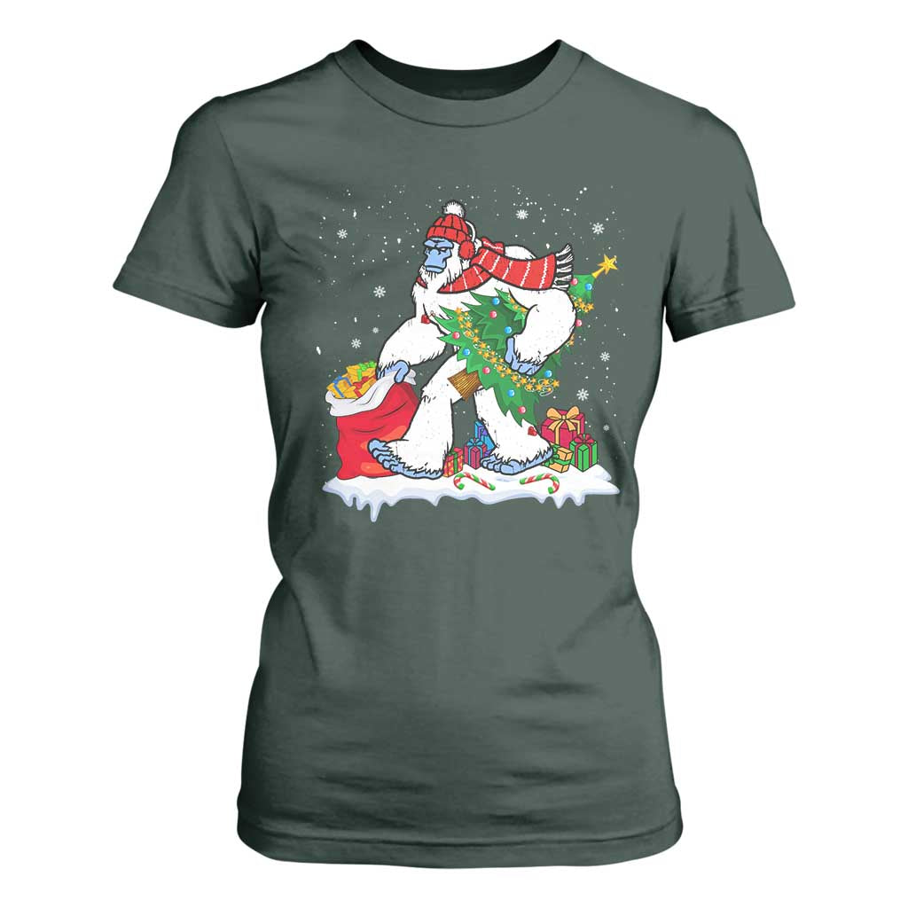 Funny Bigfoot Christmas T Shirt For Women Believe Winter Yeti Santa Hat Sasquatch Loves Xmas Tree Lights TS10 Dark Forest Green Print Your Wear