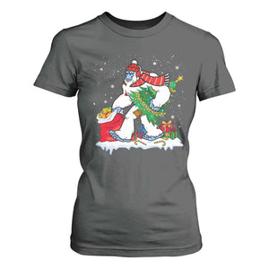 Funny Bigfoot Christmas T Shirt For Women Believe Winter Yeti Santa Hat Sasquatch Loves Xmas Tree Lights TS10 Dark Heather Print Your Wear